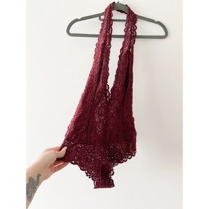Wine Lace Deep V Plunge Bodysuit